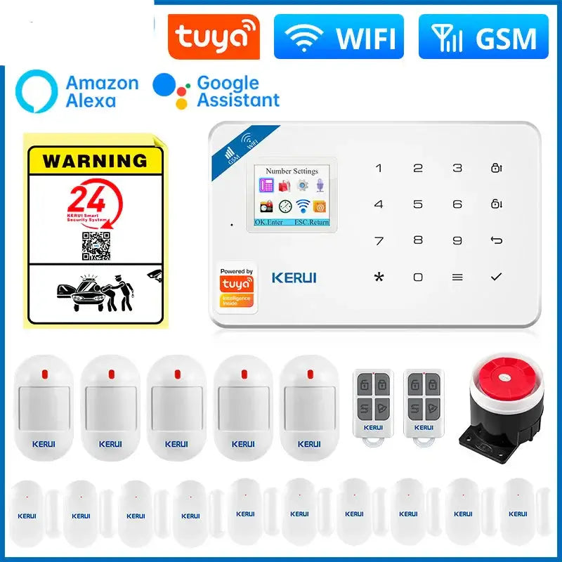 Smart Home Security Alarm System kit with Tuya app, Alexa, Google Assistant, sensors, and siren for hassle-free protection.