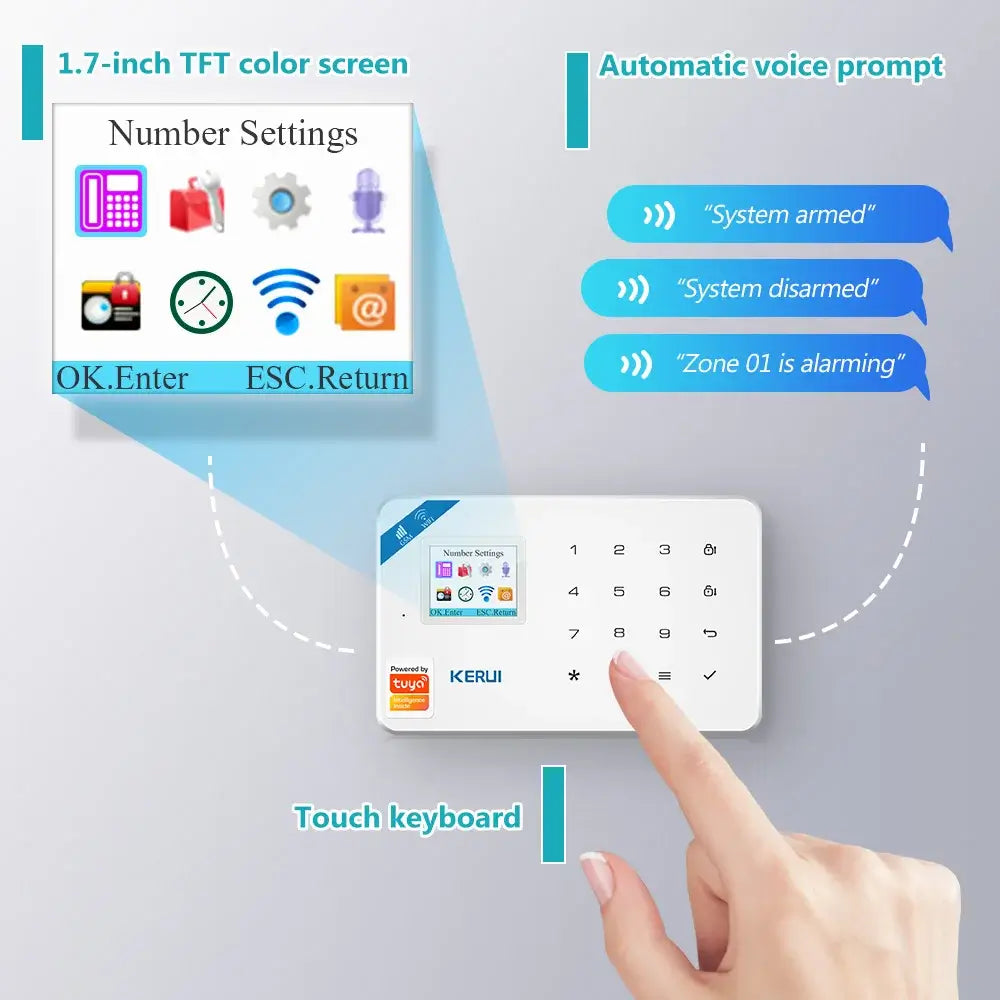 W181 Smart Home Security Alarm System with 1.7-inch TFT color screen and touch keyboard for easy control.