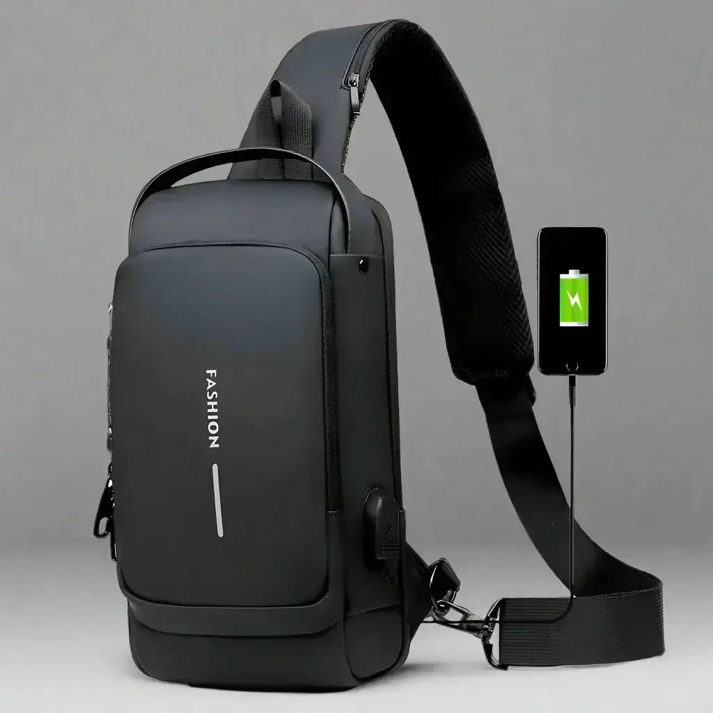 VoltGuard waterproof chest bag with USB charging port and anti-theft features, ideal for travel and everyday use.