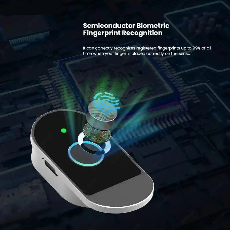 SecuDrawm smart fingerprint cabinet lock showcasing semiconductor biometric recognition technology and sensor operation.