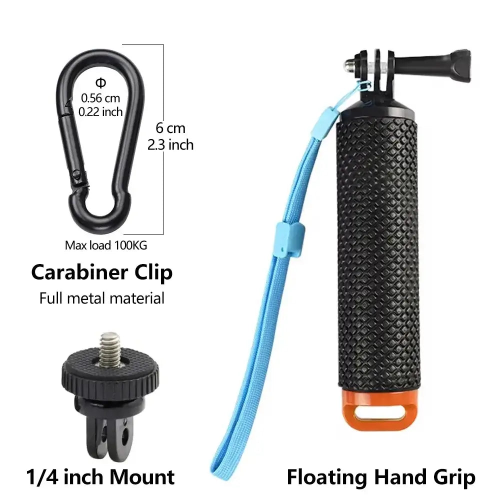 Orange Floating Hand Grip accessory for action cameras with adjustable strap, carabiner clip, and 1/4 inch mount.