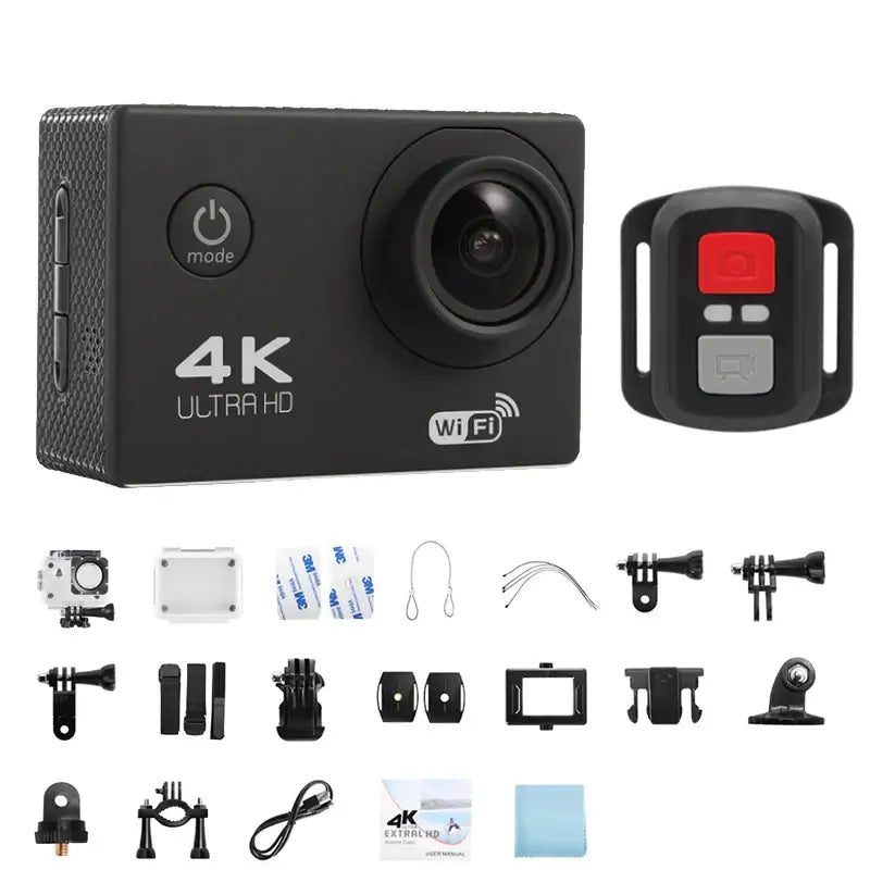 4K Ultra HD waterproof sports action camera with remote and mounting accessories for adventure filming.