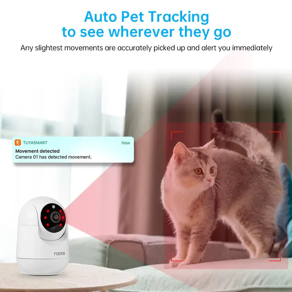 Smart WiFi pet camera with auto tracking alert for pet movements, suitable for pet owners and home security.