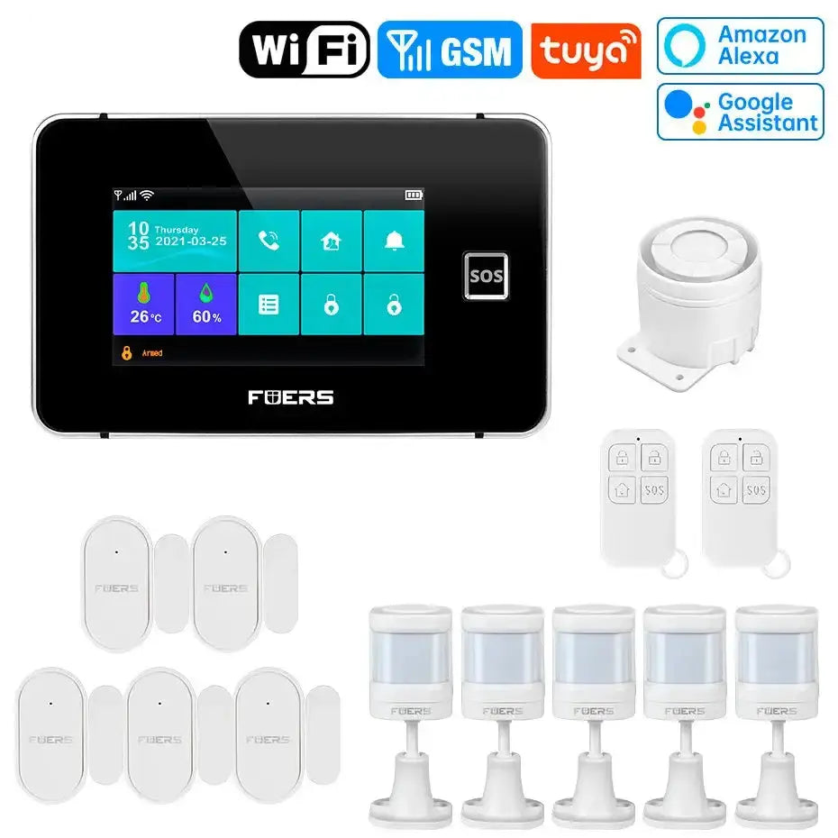4.3 inch TFT screen WiFi GSM Smart Home Security System with Tuya, sensors, and remote controls.
