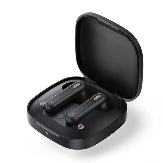 E16 Wireless Earphones in charging case showcasing sleek design and Bluetooth connectivity.