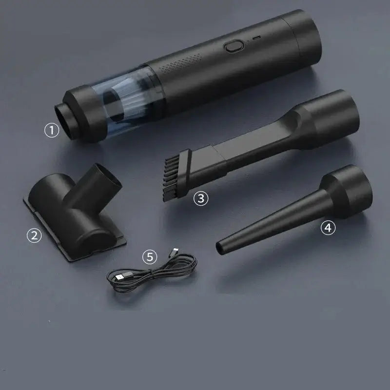 AeroVac One Portable Car Vacuum Cleaner with accessories, including brush and nozzle, on a sleek gray background.