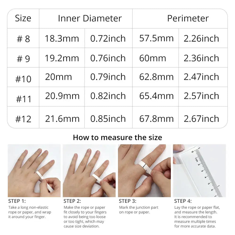 Size guide for VitalTrack Wellness Ring, showing inner diameter, perimeter, and measurement steps.