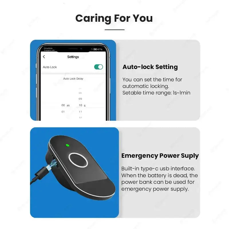 Smart lock features: auto-lock settings and emergency power supply interface for SecuDrawm cabinet lock.