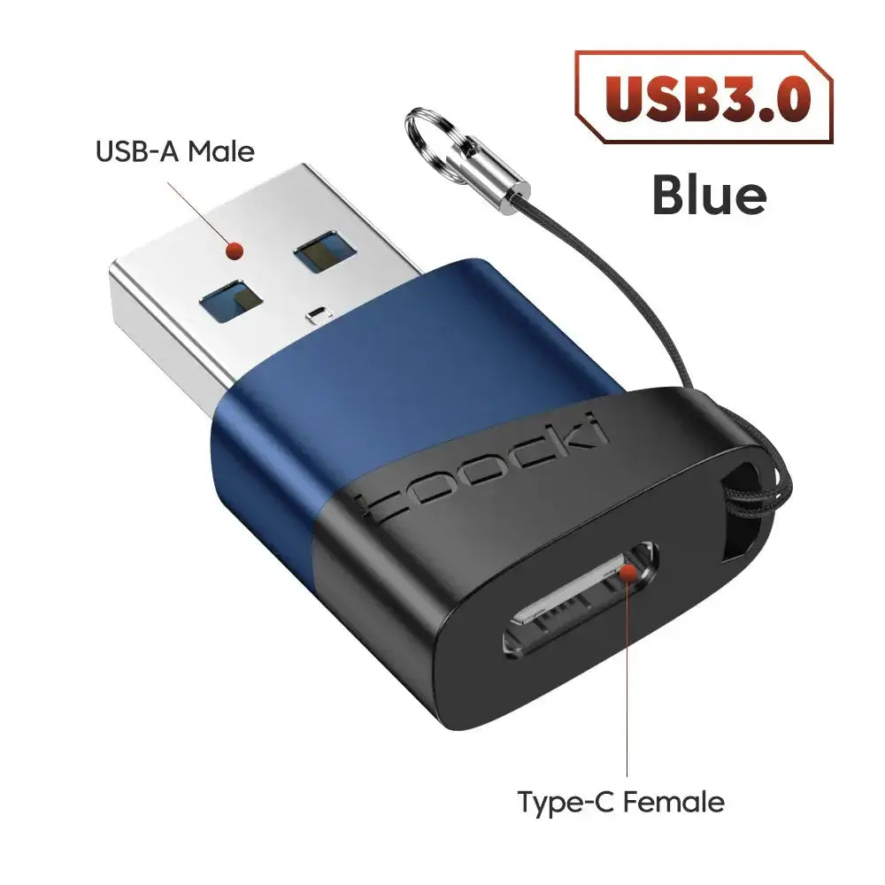Toocki OTG Adapter in blue, featuring USB-A male and Type-C female connections for versatile device compatibility.