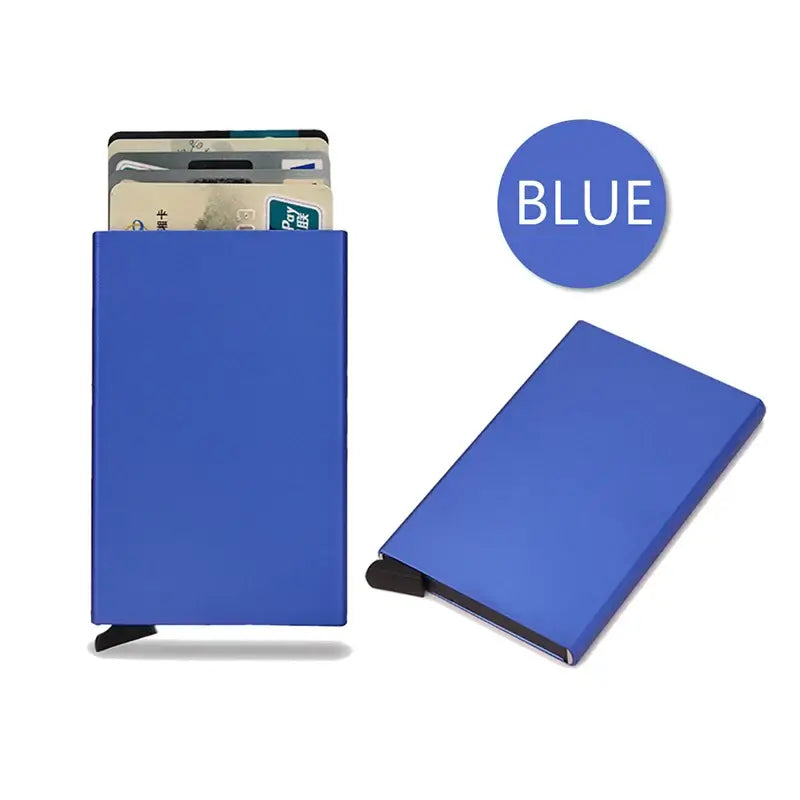 Blue RFID smart wallet featuring a slim design, perfect for keeping cards secure and organized.