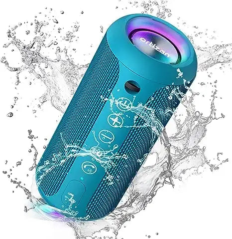 Ortizan X10 Portable Bluetooth Speaker with IPX7 waterproof design, RGB lights, and 360° sound spray effect.