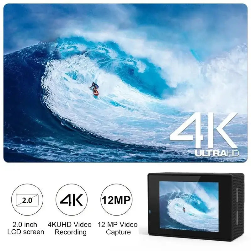 HD waterproof action camera features, 4K UHD video recording, and 12 MP capture for stunning adventure footage.