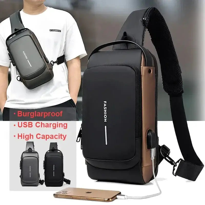 VoltGuard waterproof chest bag, anti-theft crossbody pack with USB charging, stylish and functional for travel.