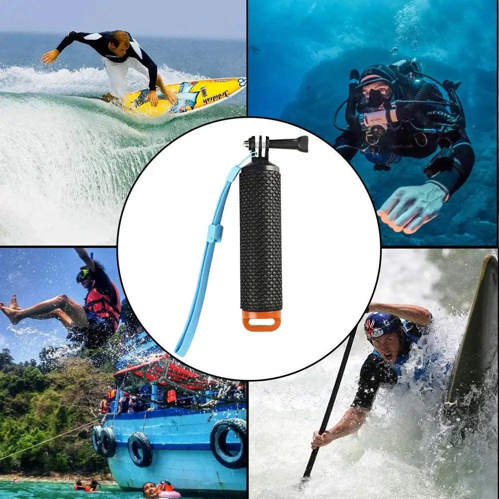 Orange Floating Hand Grip for Action Cameras, ideal for water sports and secure filming.