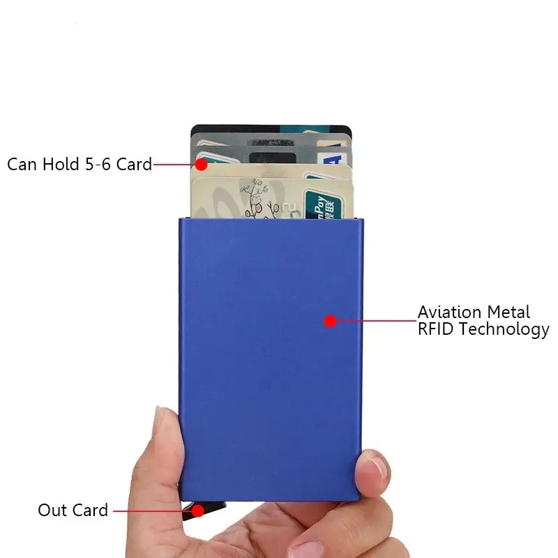 RFID smart wallet in blue, holding 5-6 cards, features aviation metal RFID technology for secure data protection.