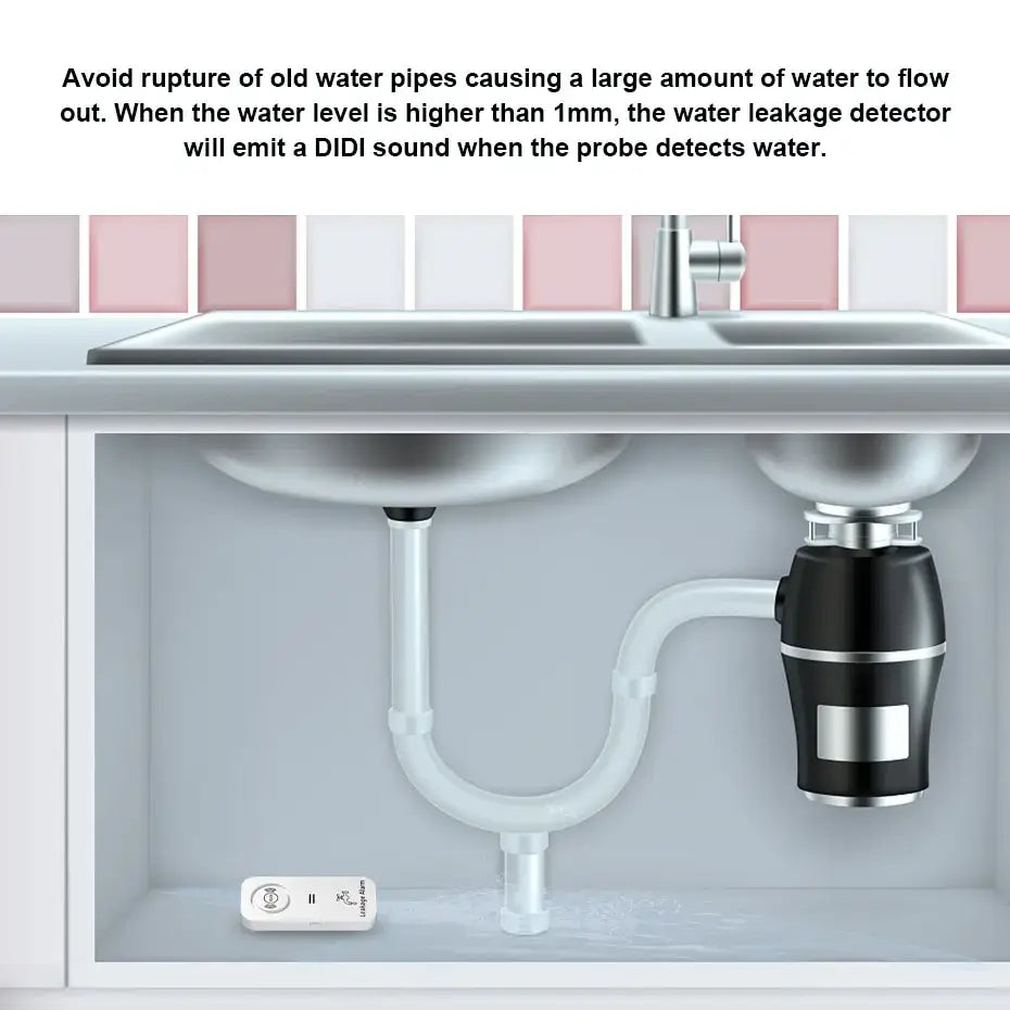 Wireless water leak sensor under kitchen sink, designed to detect leaks and prevent water damage.