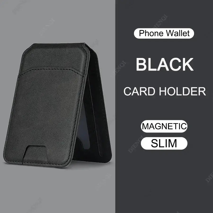 SlimMag magnetic card wallet stand in sleek black PU leather, perfect for iPhone and Android devices.