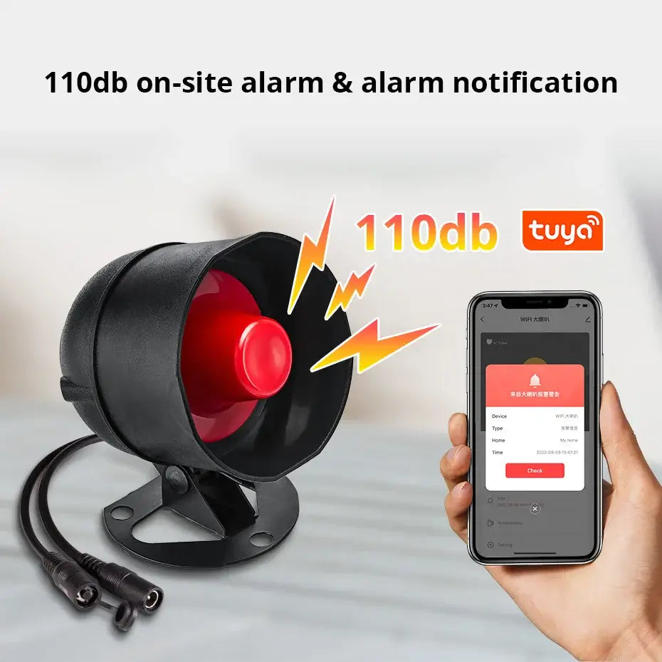 Tuya Smart WiFi door alarm system with 110dB siren and app notification for home security.