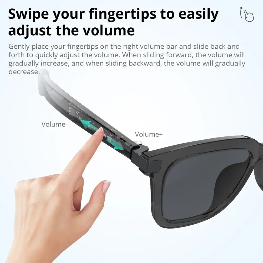 G06 Smart Bluetooth Audio Sunglasses volume adjustment feature with fingertip control for hands-free convenience.