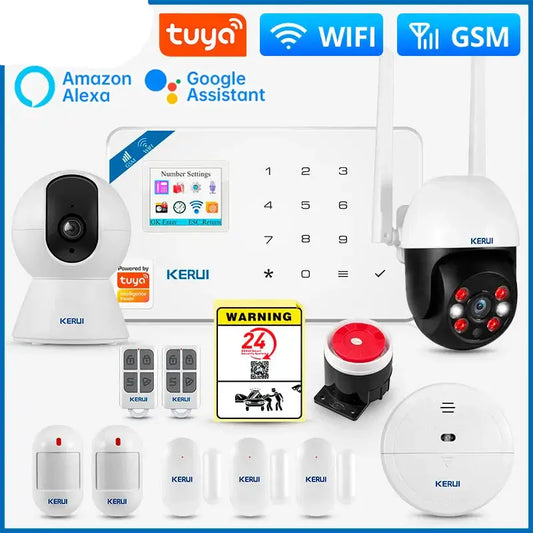 Smart home security alarm system with Tuya app, Alexa, Google Assistant, sensors, and GSM technology.