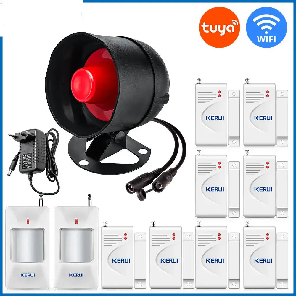 Tuya Smart WiFi Door Alarm System with sensor units and powerful siren for home security.