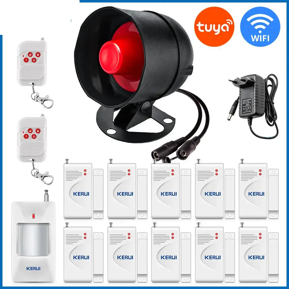 Tuya Smart WiFi Door Alarm System components including siren, remotes, sensors, and power adapter for home security.