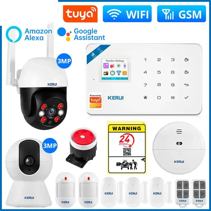 W181 Smart Home Security Alarm System with Tuya app, Alexa, Google Assistant, sensors, and siren for complete home protection.
