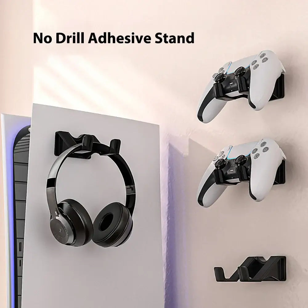 No drill adhesive stand for PS5 controllers and headset, perfect for organizing gaming gear and saving space.