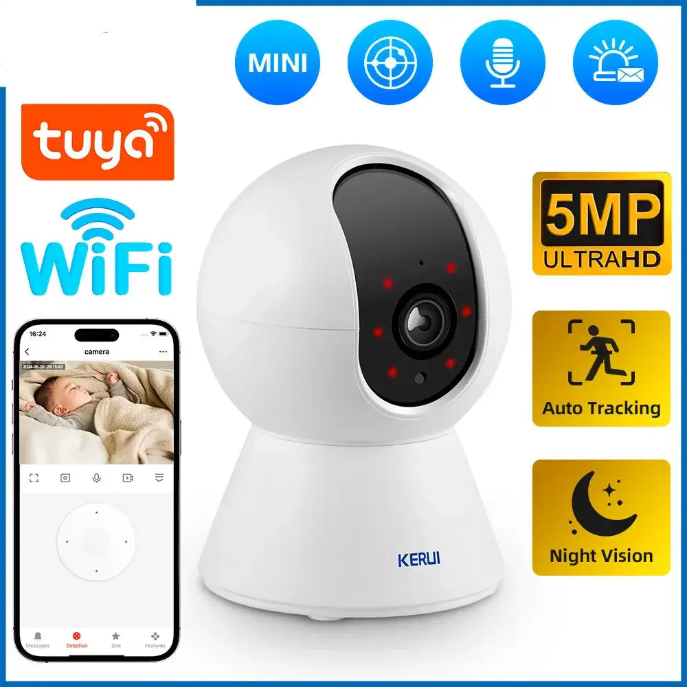 5MP Tuya Smart Mini WiFi IP Camera with auto tracking and night vision for indoor security monitoring.