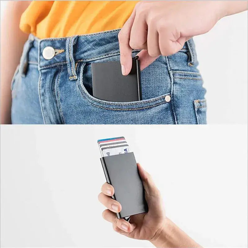 RFID smart wallet being easily accessed from a pocket, showcasing its slim design and card organization features.