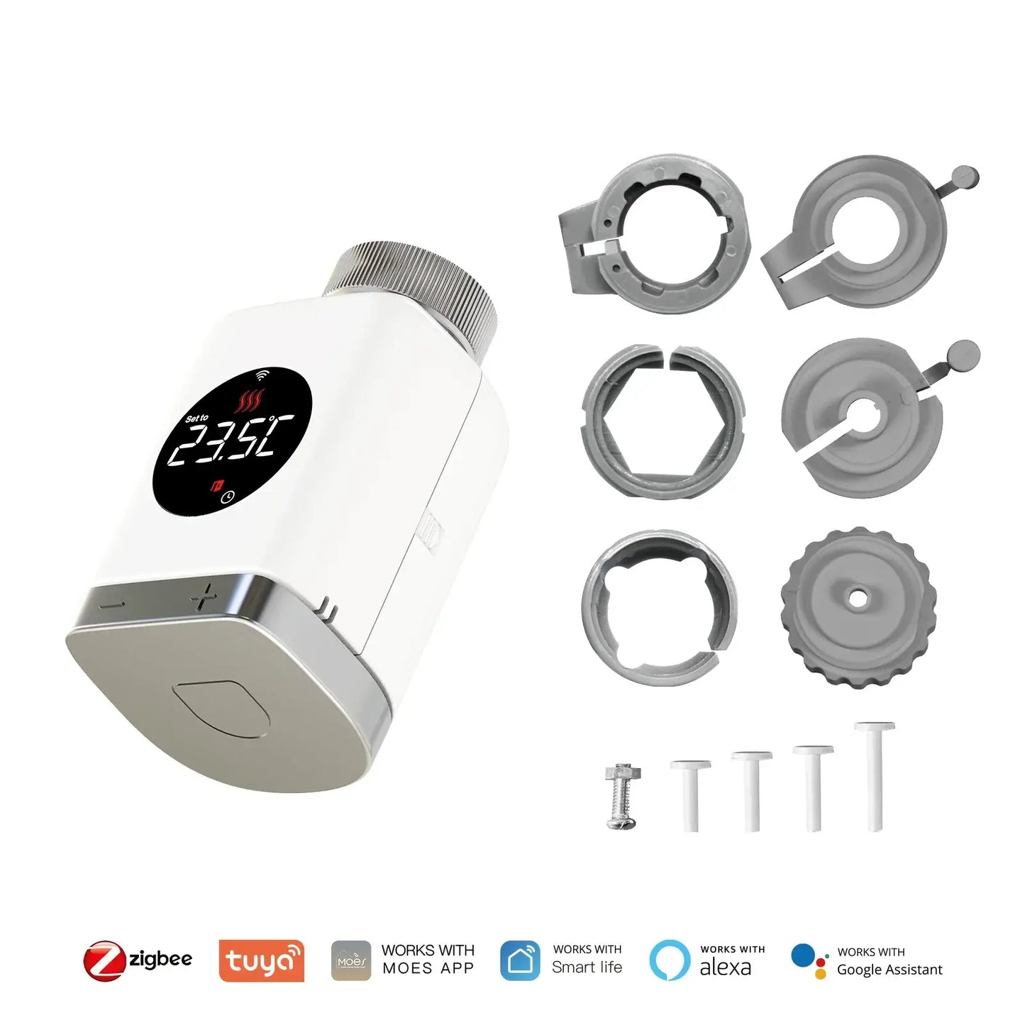 HeatFlow Smart Radiator Valve with display and mounting accessories for easy installation and app control.