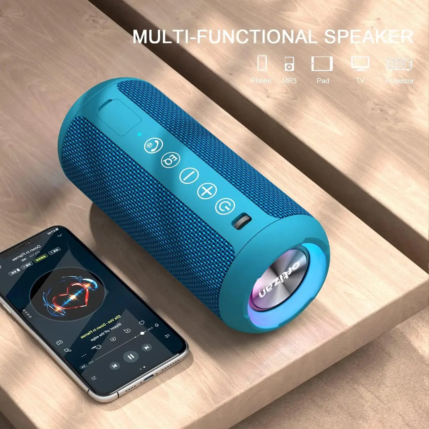 Portable Bluetooth speaker with blue design and music app on smartphone, showcasing multi-functional features and RGB light.