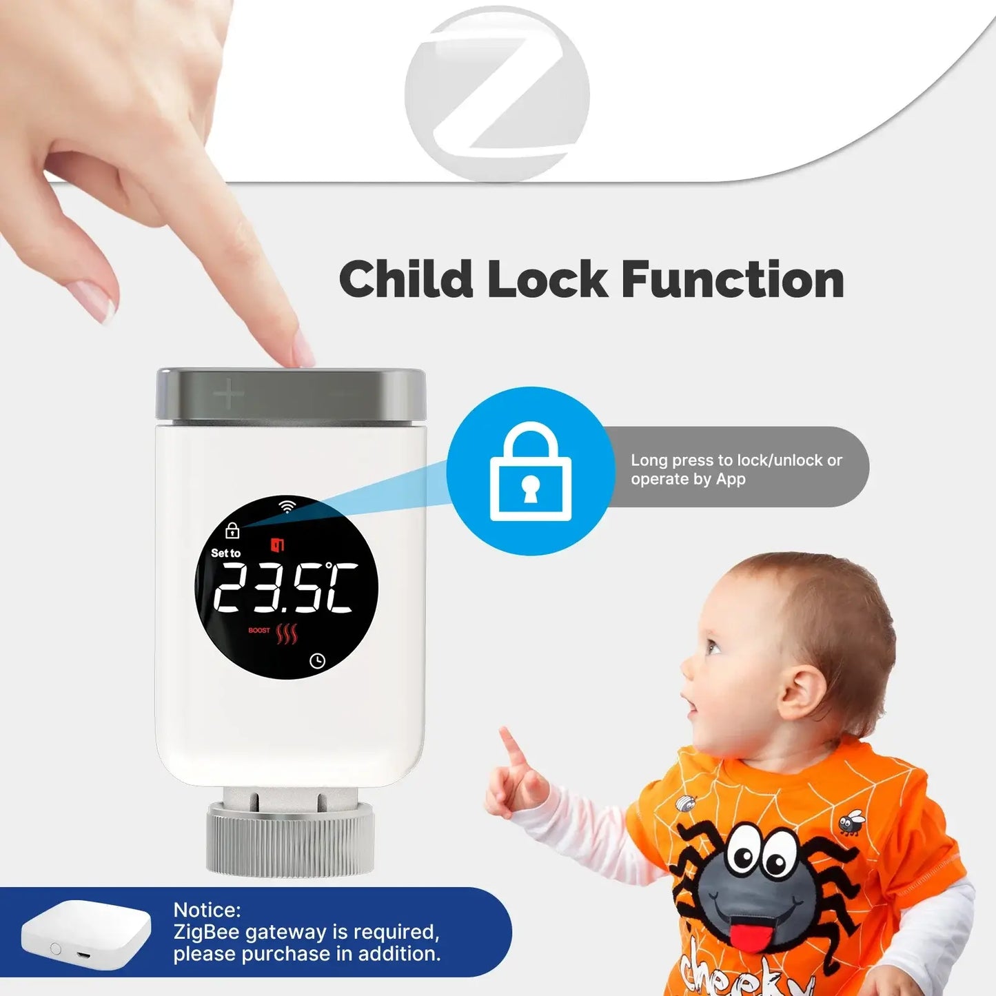 HeatFlow Smart Radiator Valve showcasing child lock function with temperature display and toddler nearby.