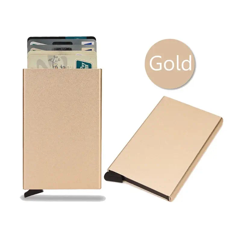 Gold RFID Smart Wallet showcasing a slim design with cards, ideal for secure everyday use.