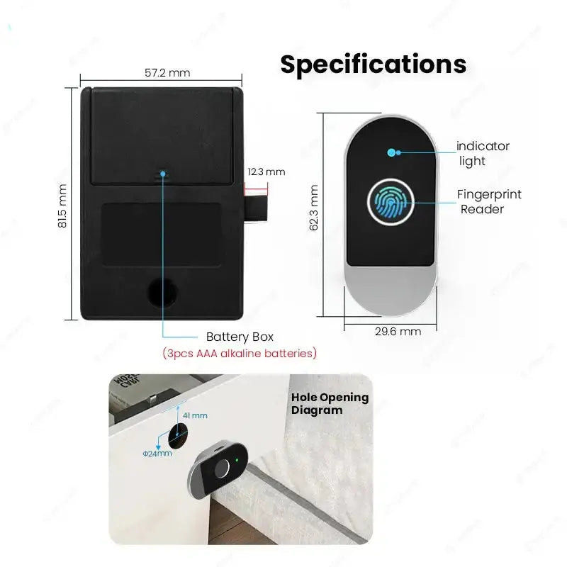 Specifications of SecuDrawm Smart Fingerprint Cabinet Lock with dimensions and features including battery box and fingerprint reader.