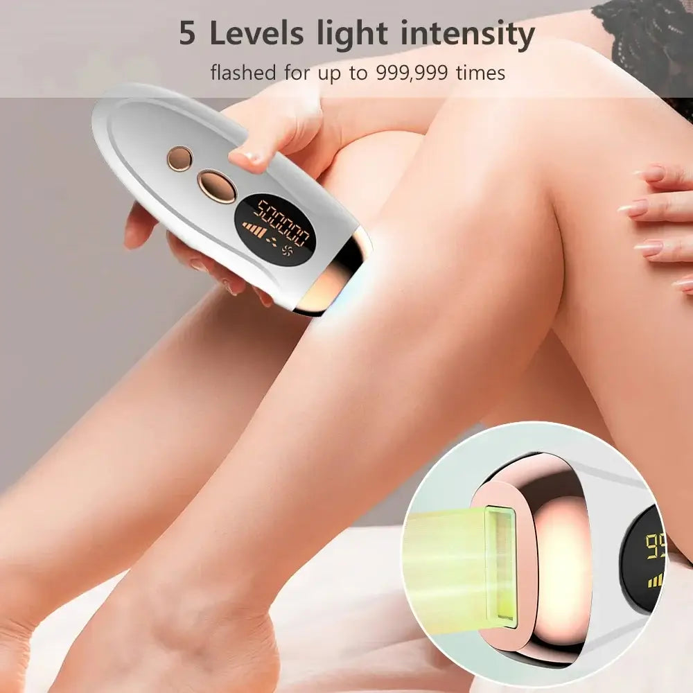 GlowSilk IPL laser hair removal device in use on leg, featuring 5 light intensity levels and display screen.
