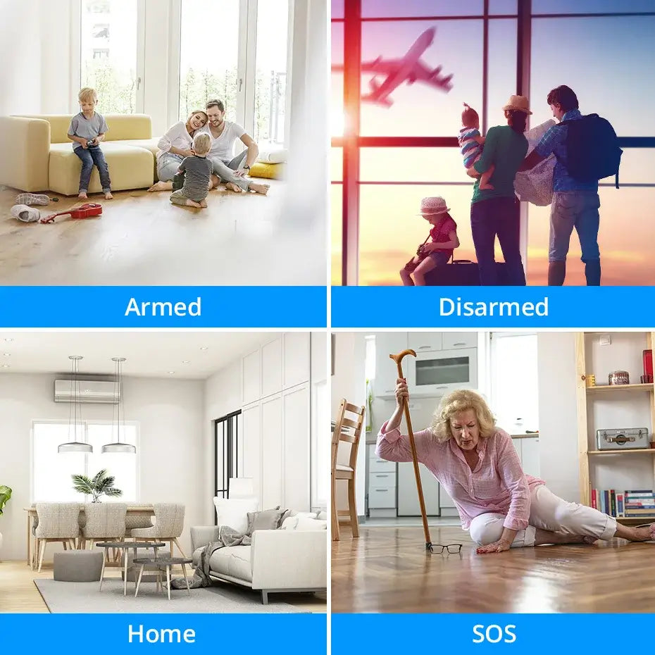 Various home security states: Armed, Disarmed, Home environment, and SOS alert with families and individuals.