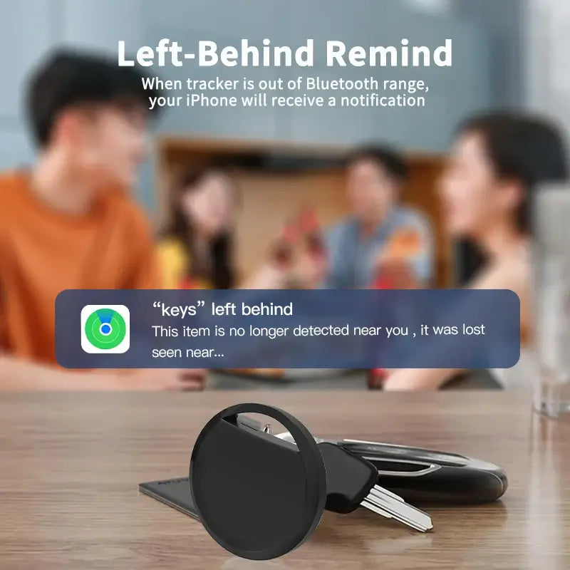 Anti-loss tracker with keychain, featuring Bluetooth range notification for lost items, compatible with Apple AirTag.