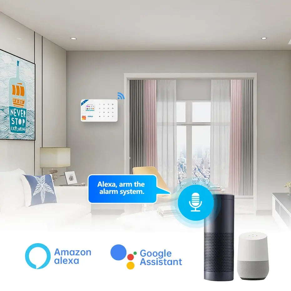 Smart home security alarm system controlled by Alexa and Google Assistant, shown in modern living room.