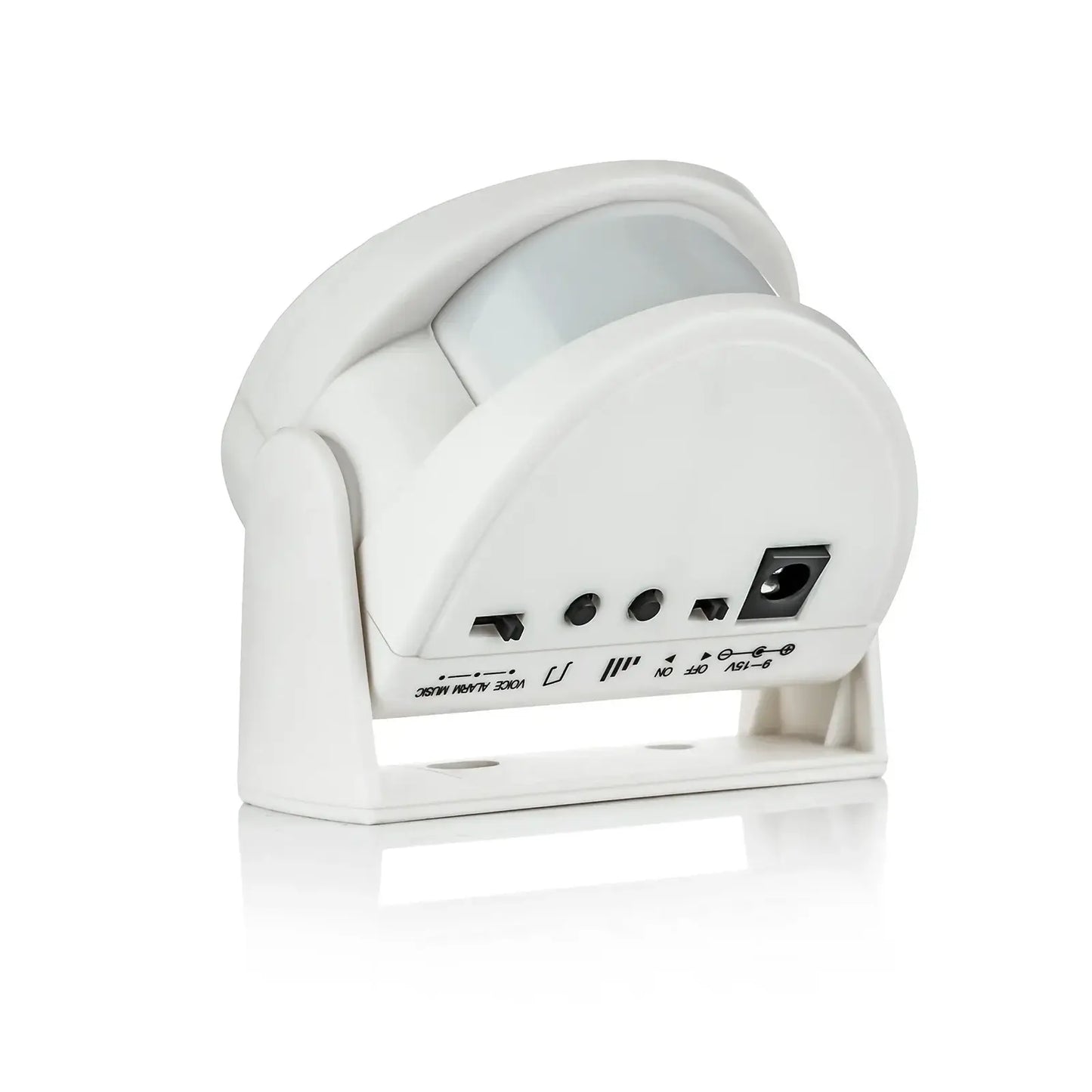 Wireless PIR motion sensor welcome chime showing rear view with customizable sound options and sensor.