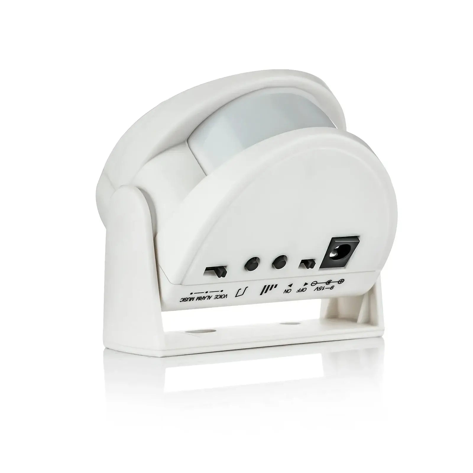 Wireless PIR motion sensor welcome chime showing rear view with customizable sound options and sensor.