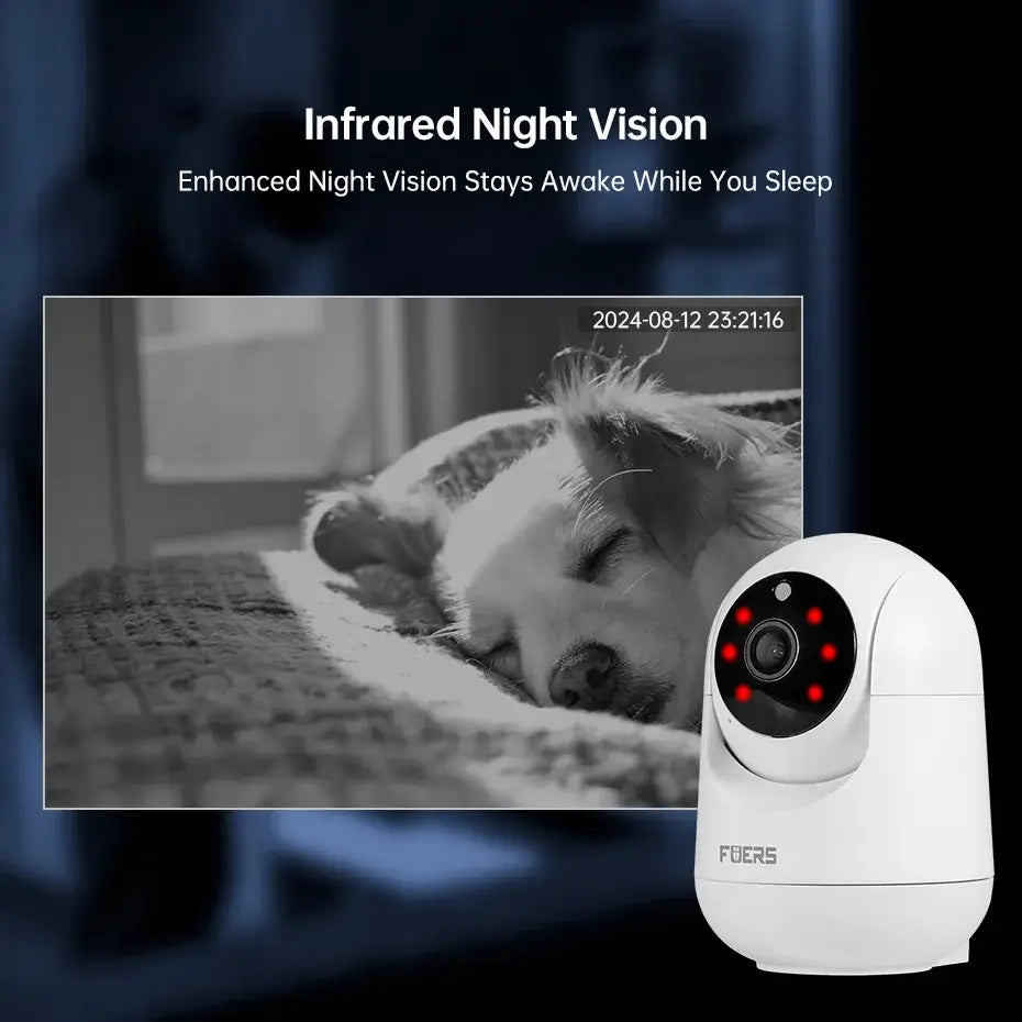 Smart WiFi IP pet camera with infrared night vision monitoring a sleeping dog for home security.