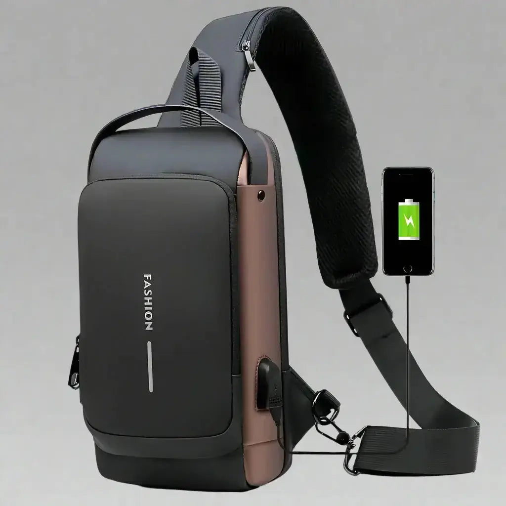 VoltGuard Waterproof Chest Bag in black and brown with USB charging port, ideal for travel and daily use.