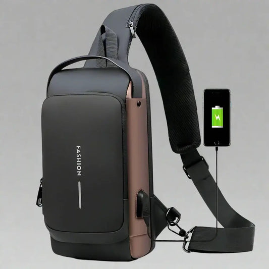 VoltGuard Waterproof Chest Bag in black and brown with USB charging port, ideal for travel and daily use.