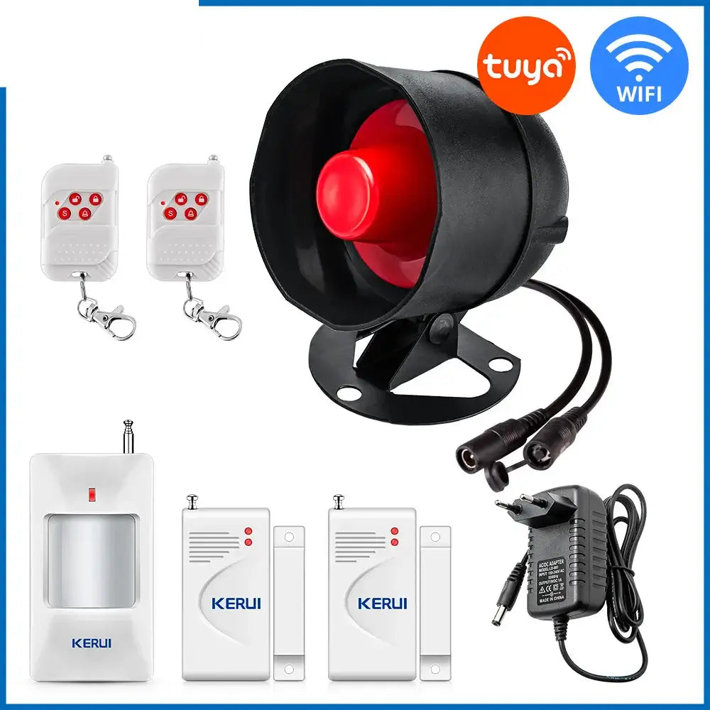 Tuya Smart WiFi Door Alarm System components: siren, sensors, remote controls for home security.