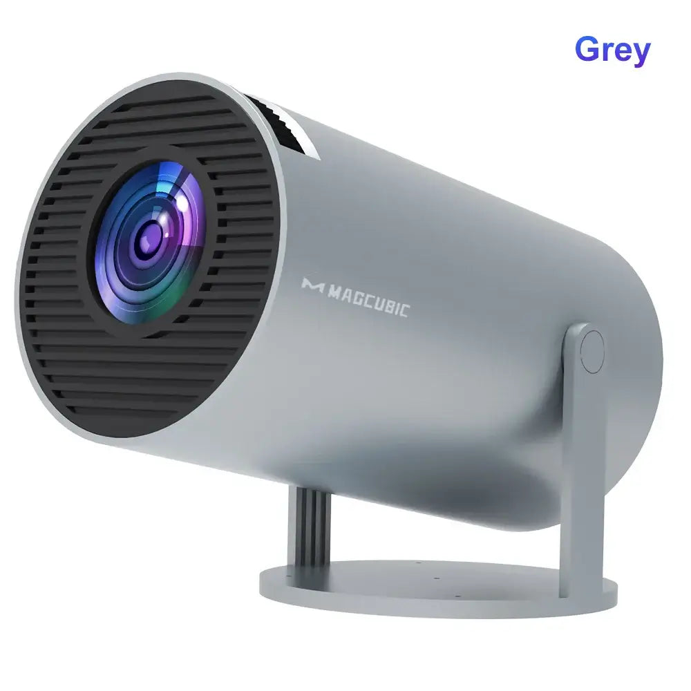 Magcubic 4K projector in grey color featuring compact design and colorful lens for portable entertainment.