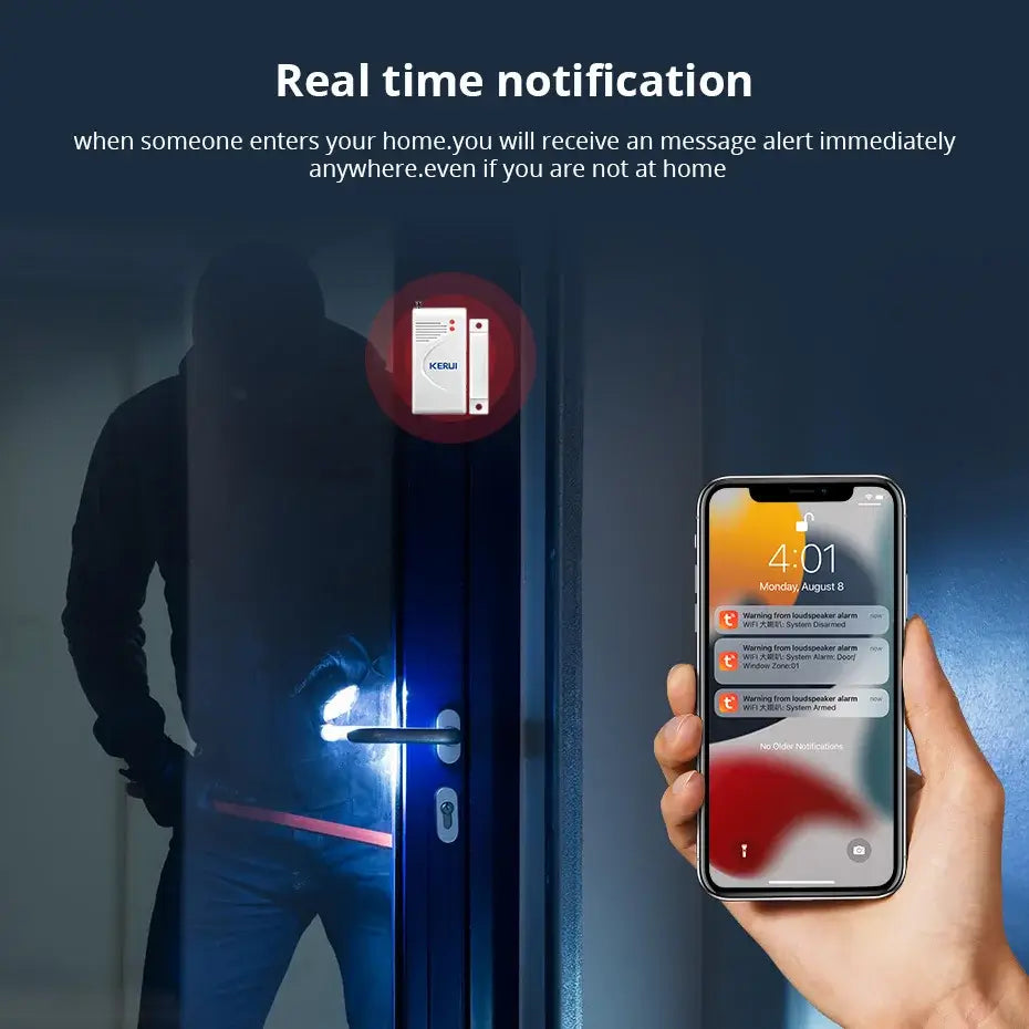 Real-time notification of home entry, featuring a smartphone alert from the Tuya Smart WiFi Door Alarm System.