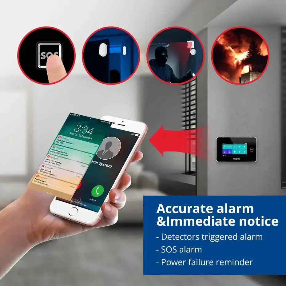 Smart home security system with accurate alarms and immediate notifications on mobile device.