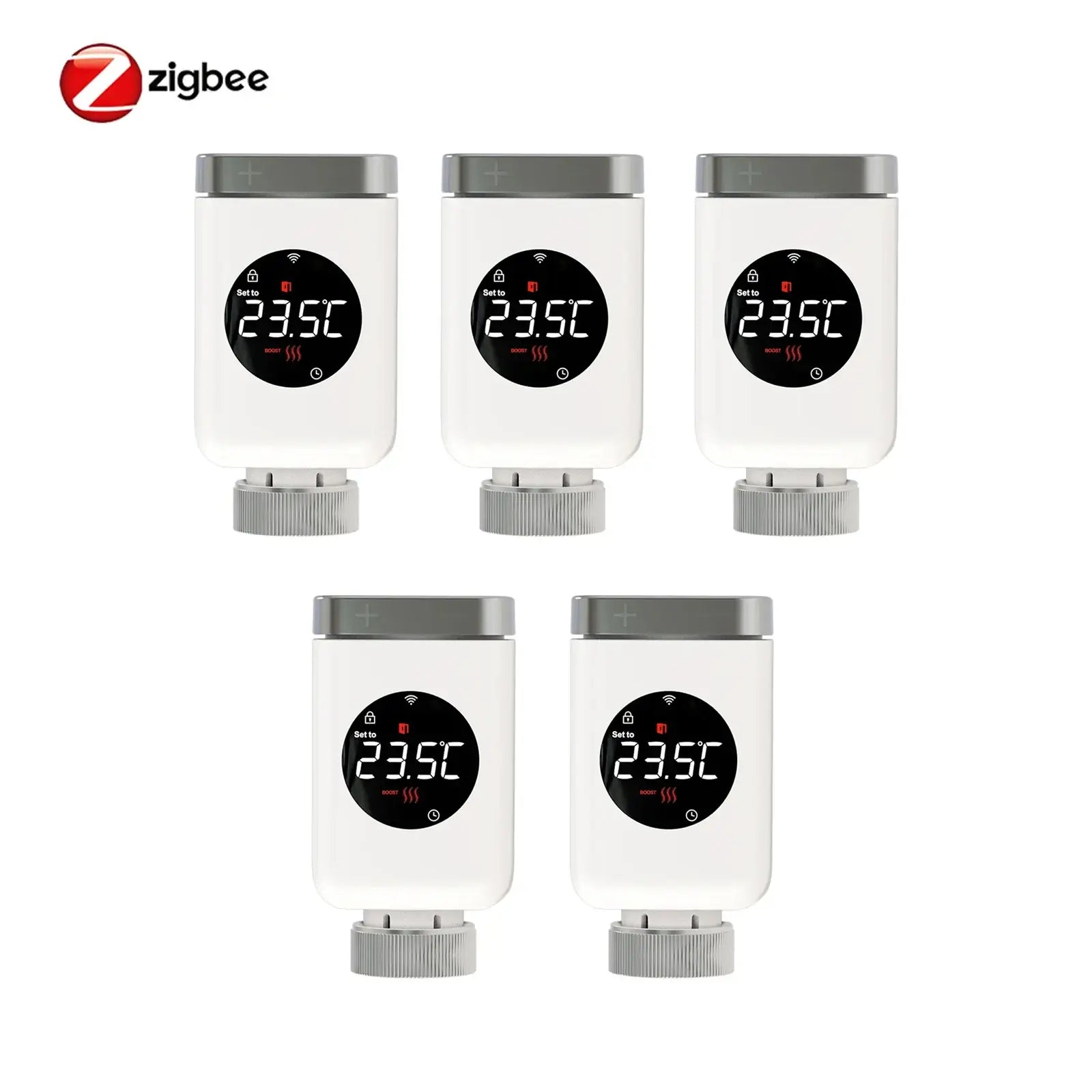 HeatFlow Smart TRV set, featuring five programmable app-controlled radiator valves with digital displays.