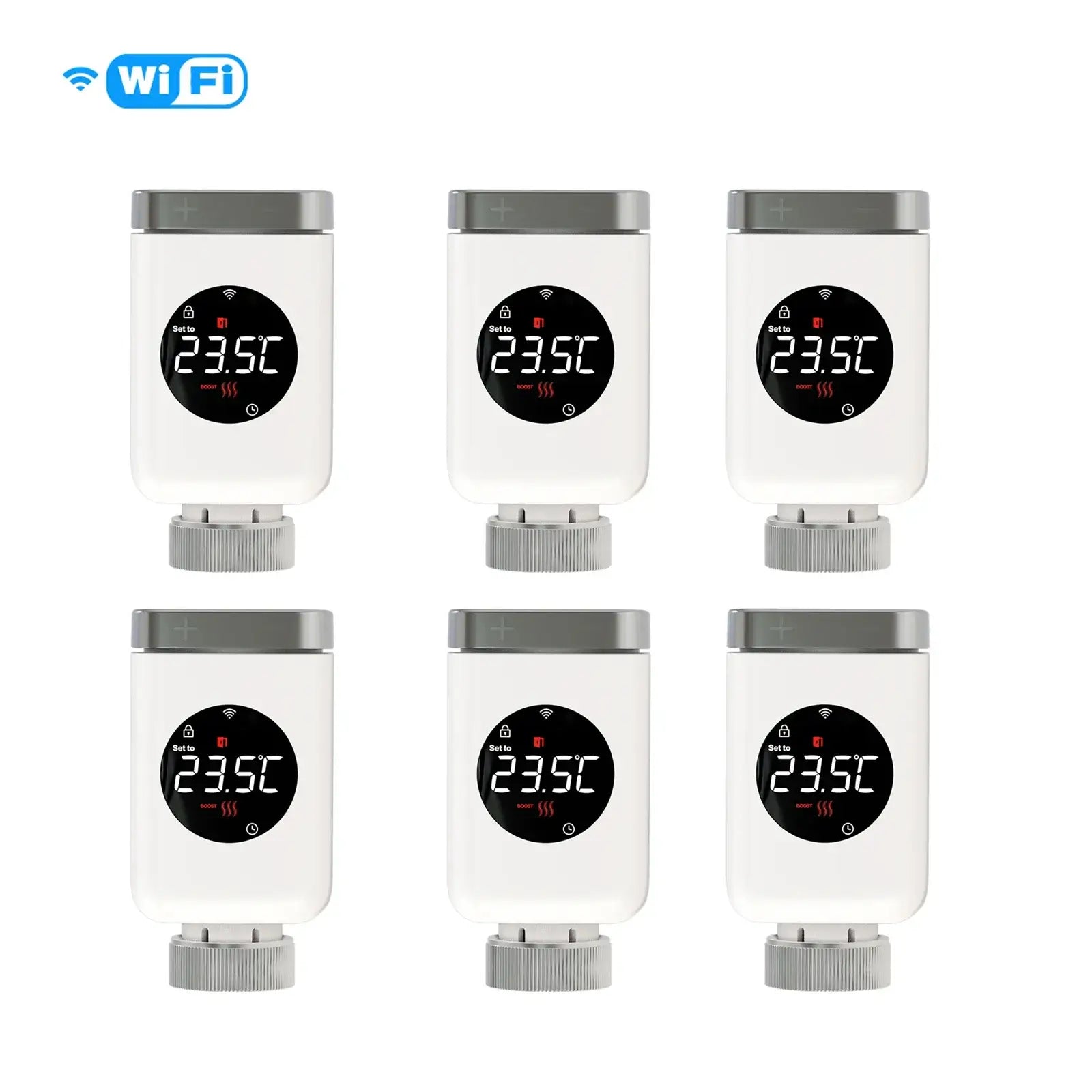 Set of six HeatFlow Smart Radiator Valves displaying temperature readings, compatible with Wi-Fi and smart home devices.